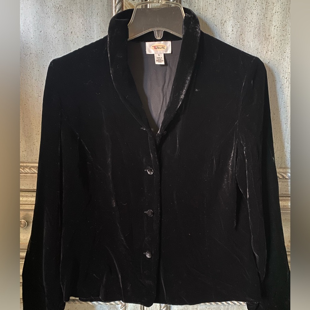 Talbots Elegant Black Velvet Blouse/Jacket with shawl collar